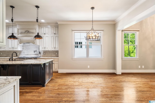 kitchen with light stone countertops, wood-type flooring, and tasteful backsplash