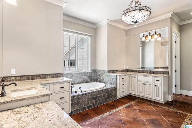 bathroom featuring vanity, tiled bath, tile patterned floors, and ornamental molding