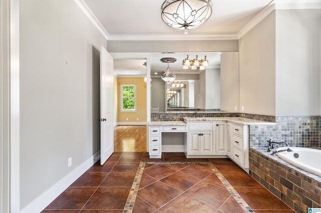 bathroom with tile patterned floors, vanity, crown molding, and tiled tub