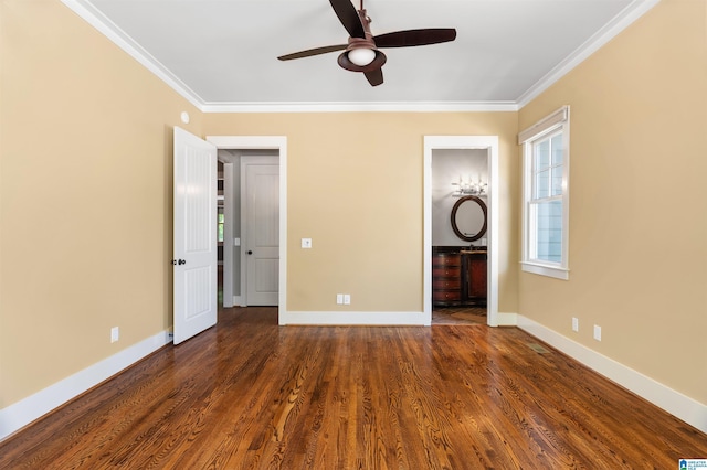 unfurnished bedroom with crown molding, ceiling fan, and dark wood-type flooring