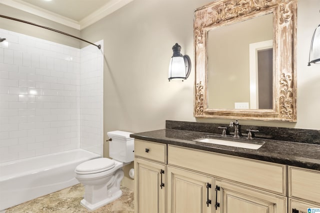 full bathroom featuring shower / bathing tub combination, vanity, toilet, and crown molding