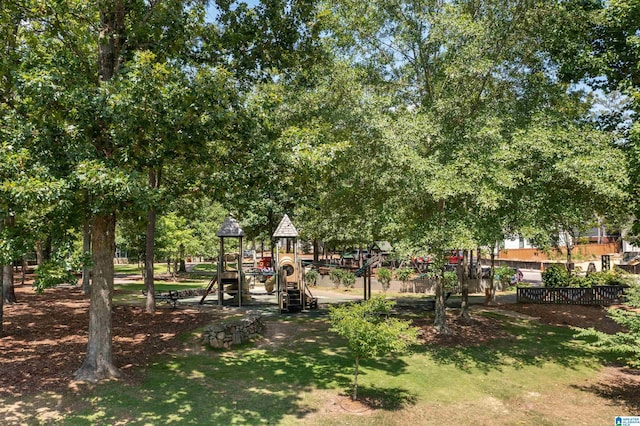 view of jungle gym with a lawn