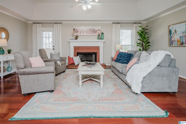 living room with a raised ceiling, crown molding, a fireplace, and dark wood-type flooring