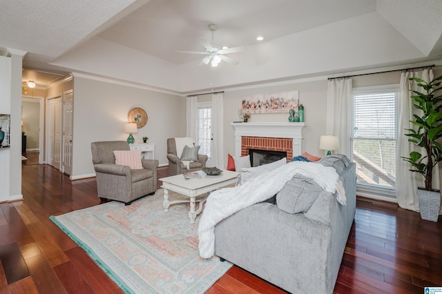 living room with dark hardwood / wood-style floors, ceiling fan, a healthy amount of sunlight, and a tray ceiling