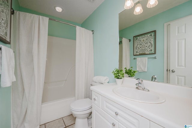 full bathroom featuring tile patterned flooring, vanity, toilet, and shower / bathtub combination with curtain