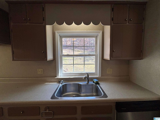 kitchen featuring dishwasher, dark brown cabinetry, and sink