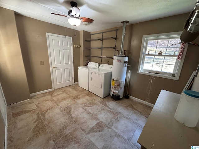 laundry area featuring independent washer and dryer, ceiling fan, and water heater