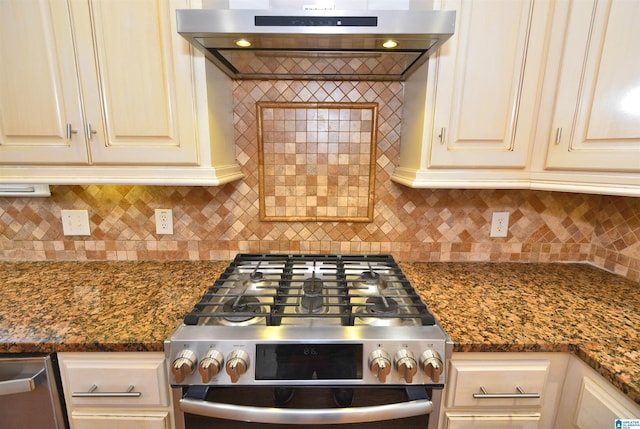 kitchen featuring backsplash, dark stone countertops, stainless steel gas stove, and extractor fan