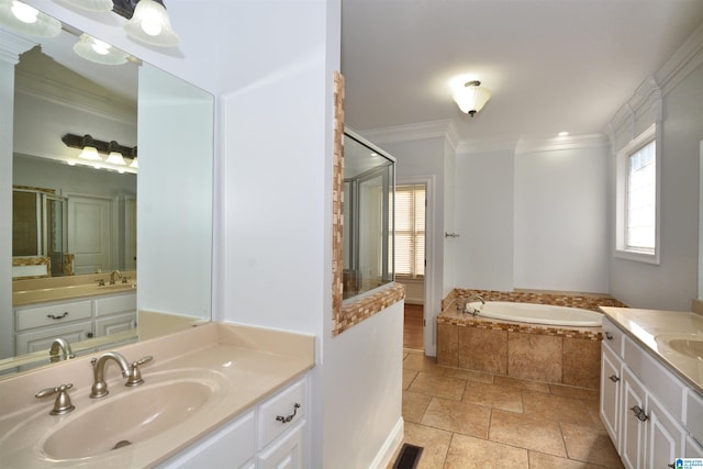 bathroom featuring vanity, independent shower and bath, and ornamental molding