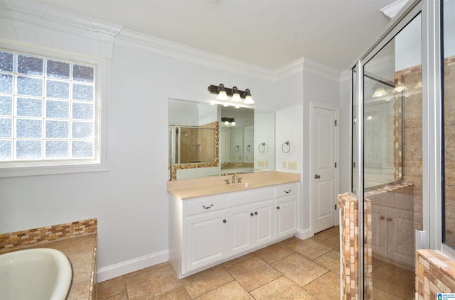 bathroom with shower with separate bathtub, vanity, and ornamental molding