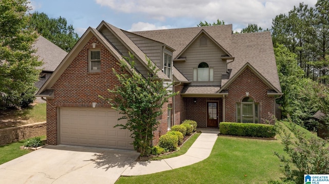 view of front of property featuring a garage and a front lawn