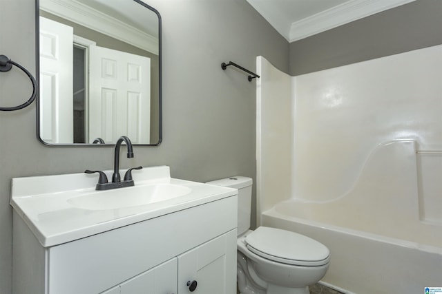 full bathroom featuring vanity, toilet, shower / bathtub combination, and crown molding