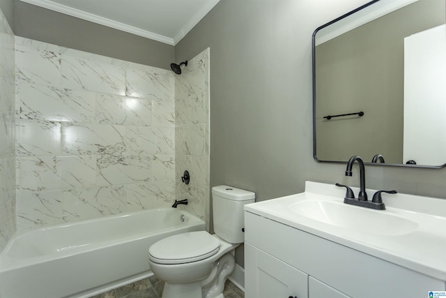 full bathroom with vanity,  shower combination, toilet, and crown molding