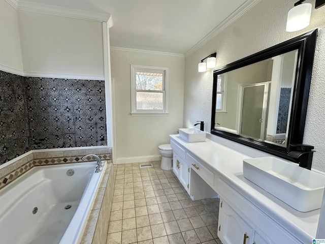 full bathroom with vanity, plus walk in shower, crown molding, tile patterned flooring, and toilet