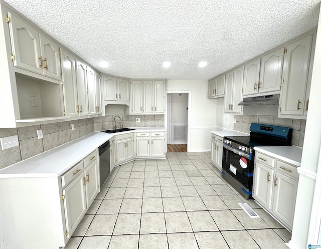 kitchen with backsplash, white cabinets, black range with electric stovetop, stainless steel dishwasher, and light tile patterned flooring