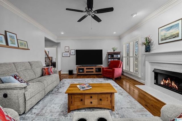 living room featuring ceiling fan, light wood-type flooring, and ornamental molding