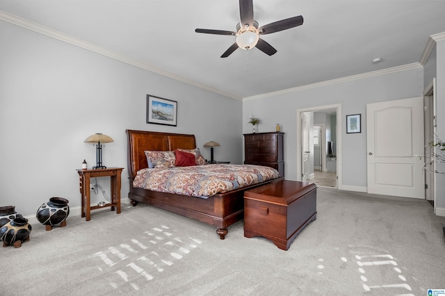 bedroom with light colored carpet, ceiling fan, and ornamental molding