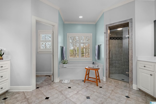 bathroom with separate shower and tub, tile patterned floors, and ornamental molding