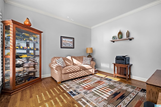 living room featuring hardwood / wood-style floors and ornamental molding