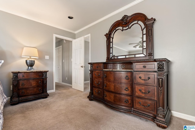 carpeted bedroom featuring ornamental molding