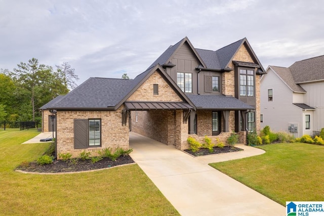 craftsman house featuring a front lawn and a carport