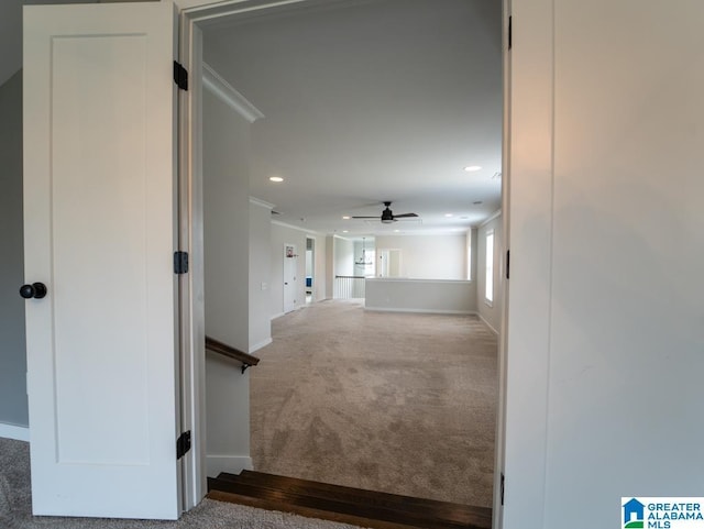 corridor with carpet floors and crown molding