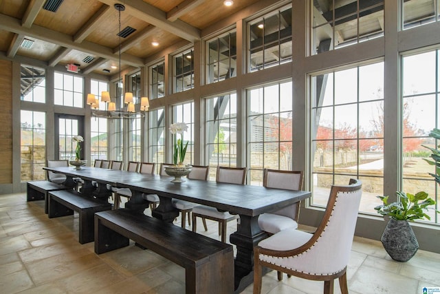 sunroom with beamed ceiling, wood ceiling, coffered ceiling, and a notable chandelier