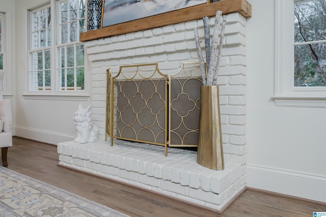 room details featuring a fireplace and hardwood / wood-style floors