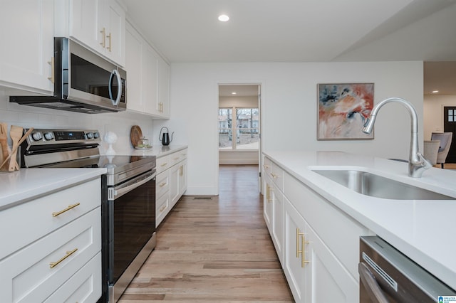 kitchen featuring decorative backsplash, appliances with stainless steel finishes, sink, light hardwood / wood-style floors, and white cabinetry