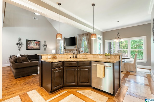 kitchen featuring dark brown cabinetry, sink, stainless steel dishwasher, an island with sink, and decorative light fixtures