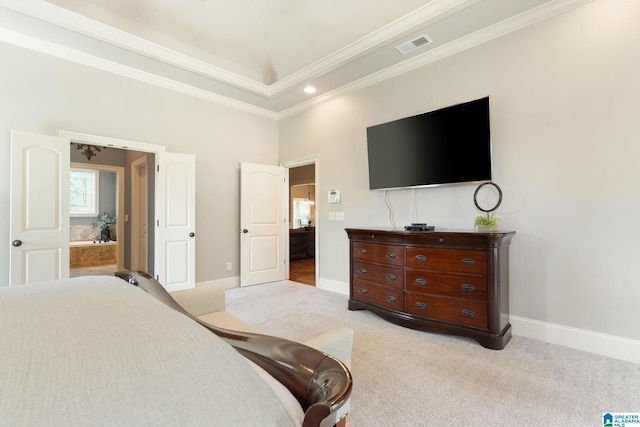 bedroom featuring light carpet and crown molding