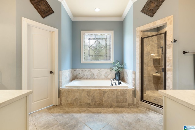 bathroom with ornamental molding, vanity, and independent shower and bath