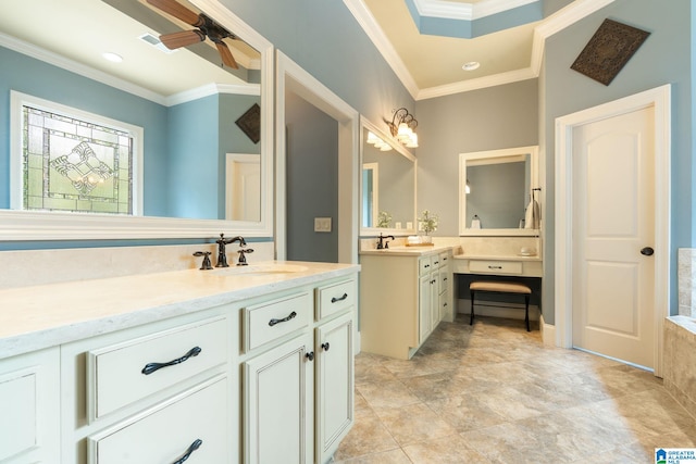 bathroom with vanity, ceiling fan, and crown molding