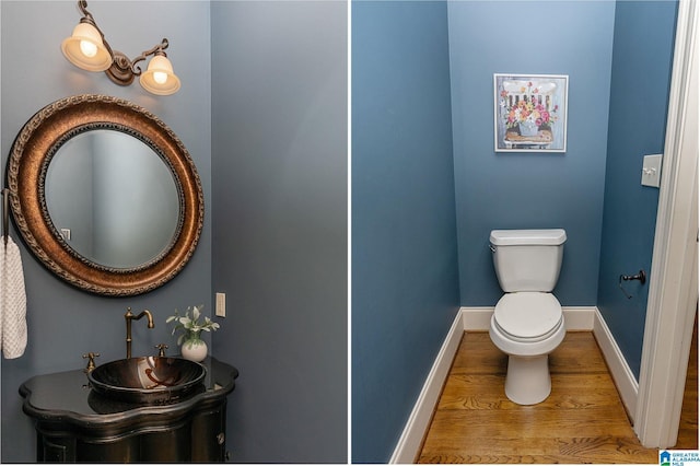 bathroom with hardwood / wood-style flooring, toilet, and sink