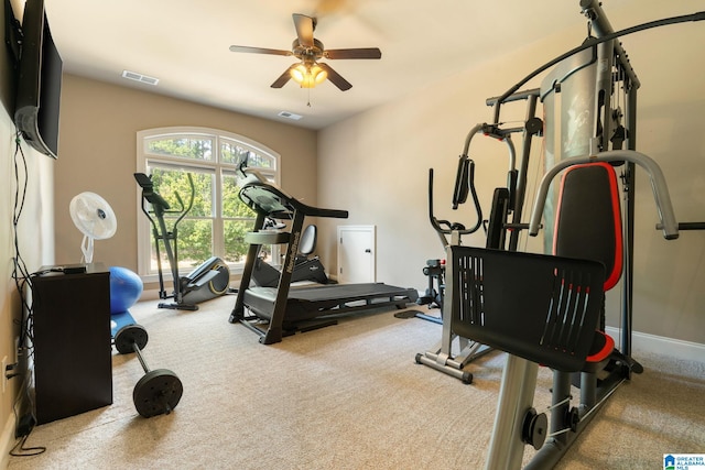 workout room with ceiling fan