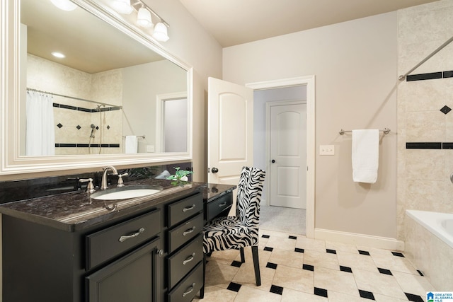 bathroom with tile patterned flooring, vanity, and shower / bathtub combination with curtain