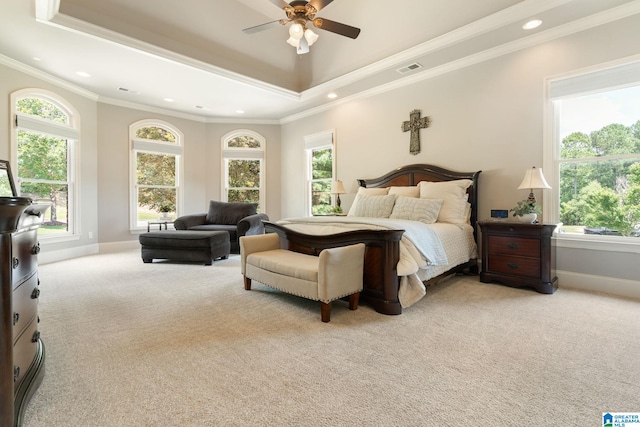 carpeted bedroom featuring multiple windows, a raised ceiling, ceiling fan, and crown molding