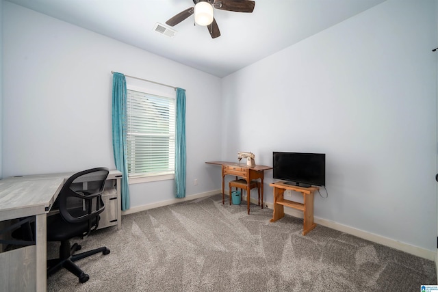 home office with carpet flooring and ceiling fan