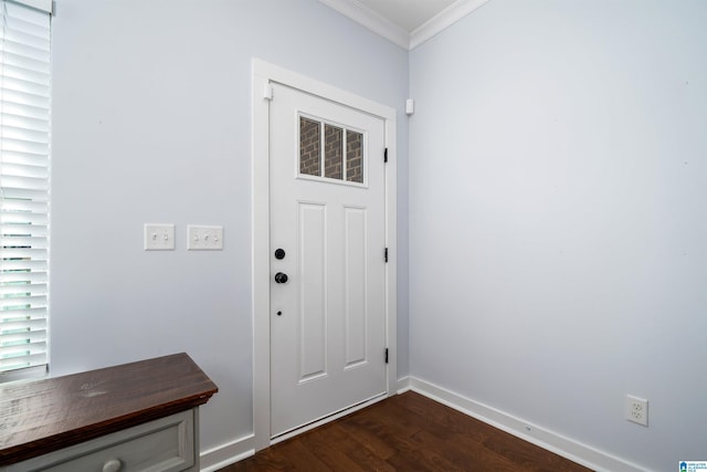 entryway featuring dark hardwood / wood-style floors and ornamental molding