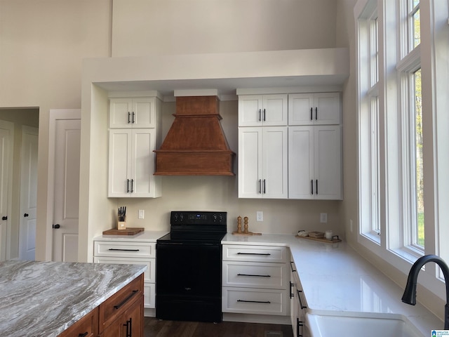 kitchen with sink, custom exhaust hood, white cabinetry, light stone counters, and black electric range