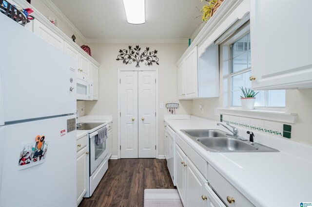 kitchen featuring white cabinets, white appliances, ornamental molding, and sink