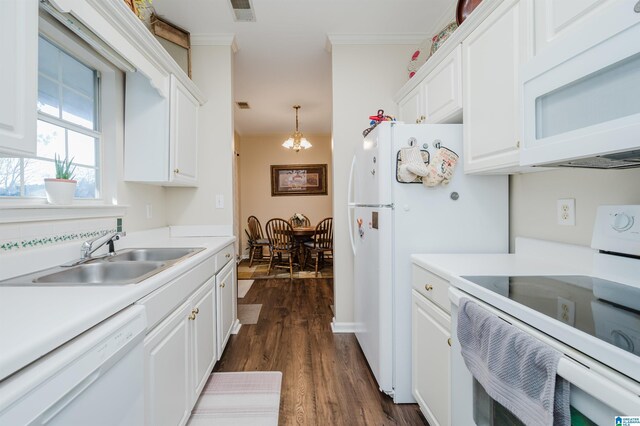 kitchen with dark hardwood / wood-style floors, white cabinetry, white appliances, and sink