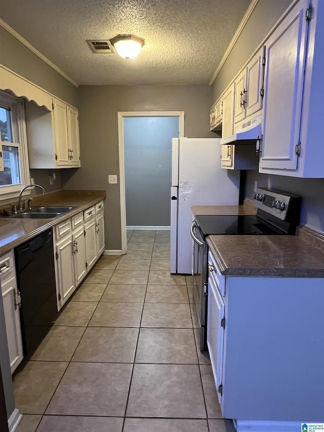 kitchen with sink, light tile patterned floors, black dishwasher, electric stove, and white cabinets