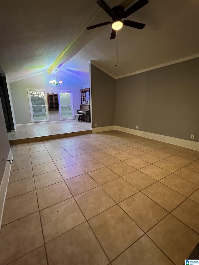 interior space featuring a textured ceiling, vaulted ceiling with beams, and ceiling fan with notable chandelier