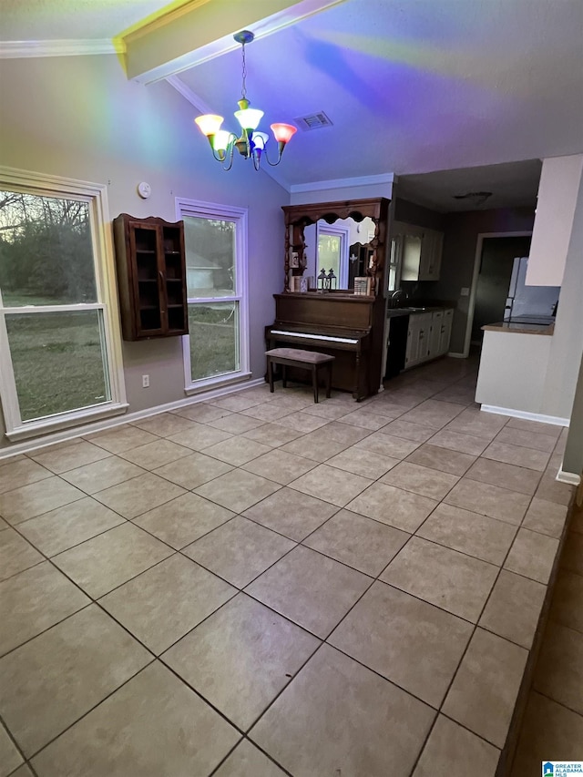 interior space with lofted ceiling with beams, light tile patterned floors, and a chandelier