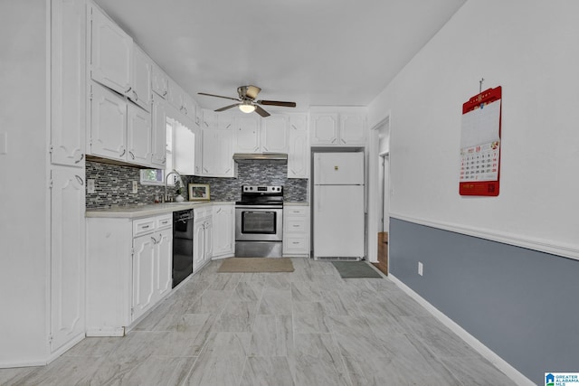 kitchen featuring ceiling fan, sink, electric stove, white refrigerator, and white cabinets