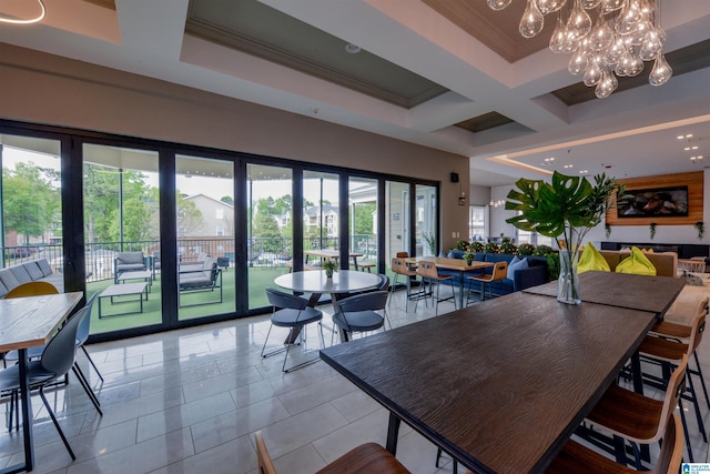 tiled dining space featuring an inviting chandelier, ornamental molding, beam ceiling, and coffered ceiling