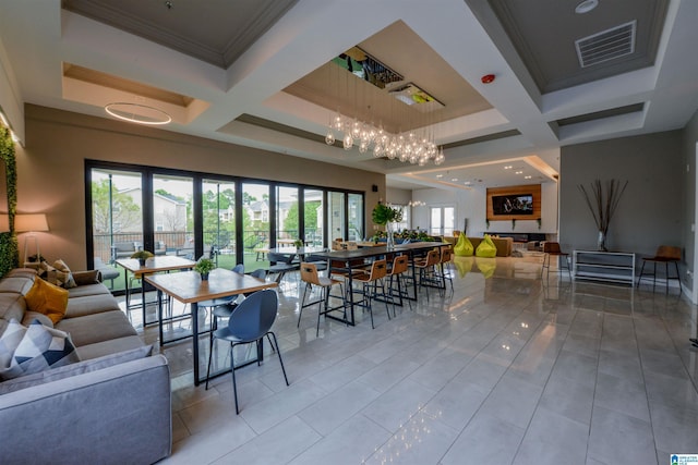 interior space with coffered ceiling, crown molding, an inviting chandelier, beamed ceiling, and tile patterned flooring