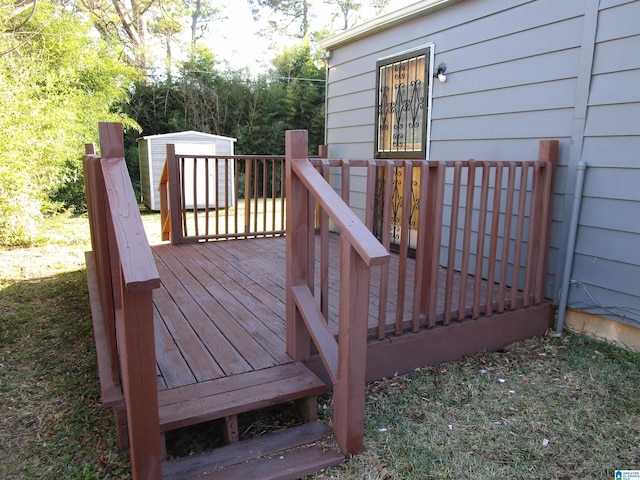 deck featuring a storage shed