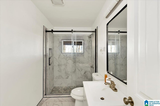 bathroom featuring sink, an enclosed shower, and toilet